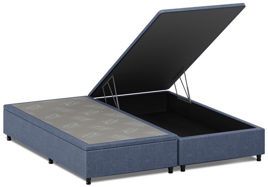 Base de Cama Elegance modelo Box Baú em tecido azul marinho texturizado. A imagem destaca o tampo com tecido antiderrapante e o sistema de abertura fácil para guardar objetos.