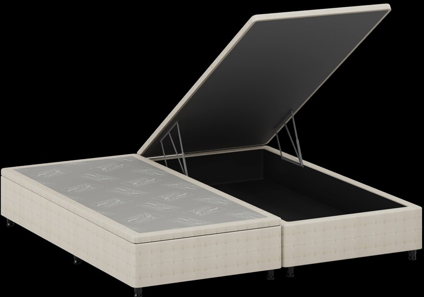 Detalhe da base Box Baú da Cama Elegance na cor branca/off-white. Uma das partes está aberta, revelando o amplo espaço interno de armazenamento e o sistema de pistões hidráulicos.