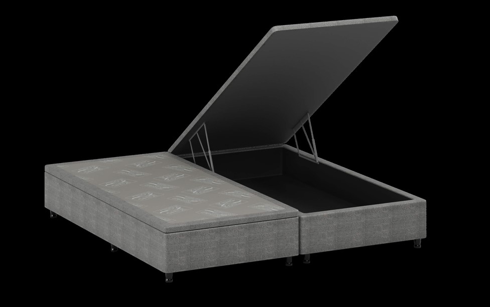 Base Box Baú bipartida para Cama Elegance revestida em tecido cinza com textura de pequenos quadrados (mosaico). O compartimento interno está aberto, mostrando a profundidade do baú.
