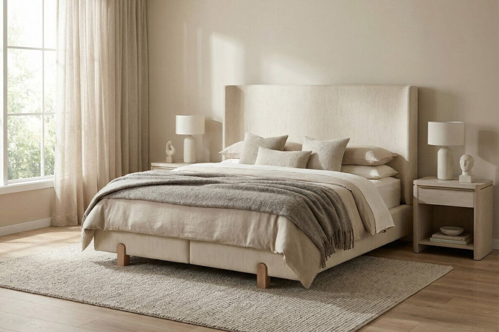 Quarto decorado em tons neutros destacando a Cama Elegance completa. A base Box Baú bege está coordenada com uma cabeceira de abas largas, colchão de alto padrão e enxoval em tons de areia.