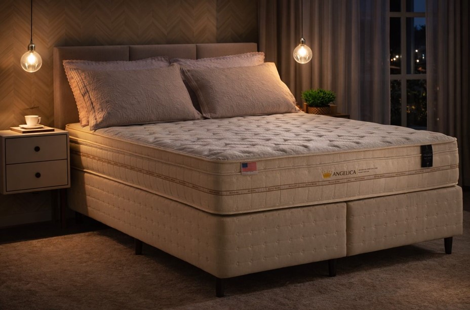 Foto de um quarto de luxo à noite com iluminação quente, destacando uma cama box com o modelo Angelica. O colchão possui acabamento em capitonê e detalhes laterais finos. A dúvida entre escolher um colchão firme ou macio é exemplificada pelo design robusto e confortável deste modelo de alto padrão.