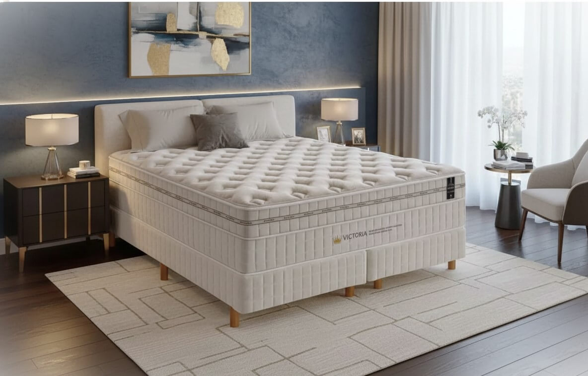 Colchão de luxo King Koil modelo Victoria em um quarto moderno com decoração sofisticada. O colchão apresenta acabamento em matelassê profundo, base box bipartida e detalhes refinados, ideal para quem busca comprar colchão de luxo King Koil com suporte e elegância.